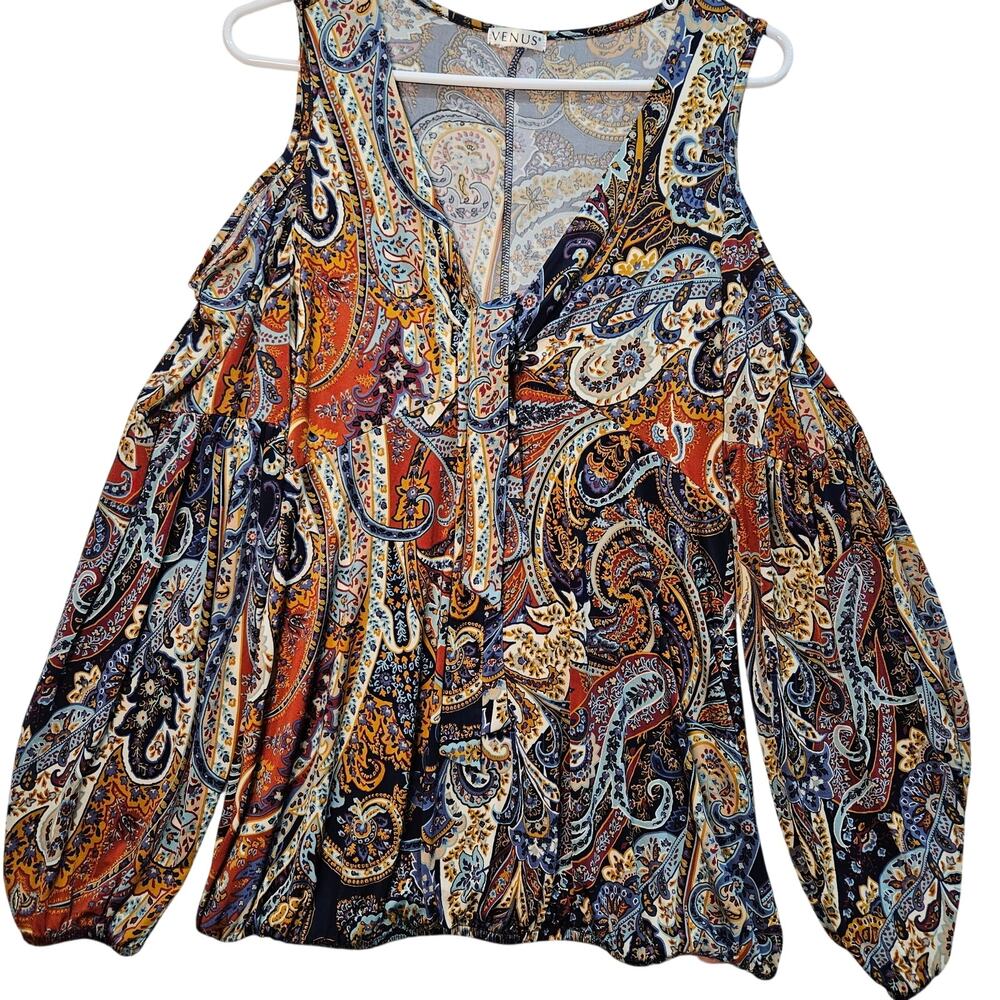 Venus Navy Rust Paisley Cold Shoulder Long Sleeve Size XL Boo Hippie Retro
